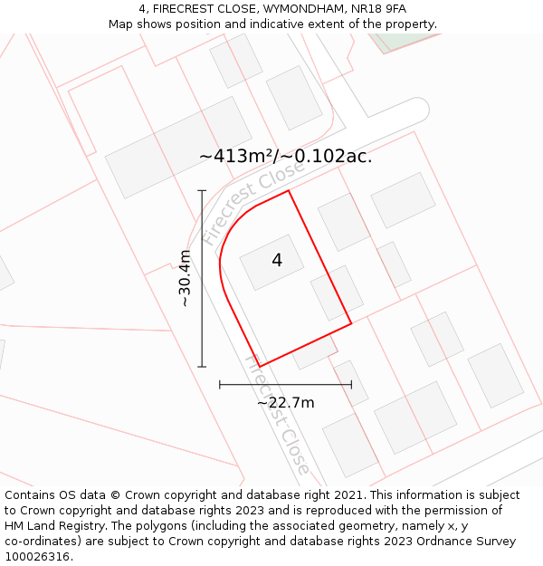 4, FIRECREST CLOSE, WYMONDHAM, NR18 9FA: Plot and title map