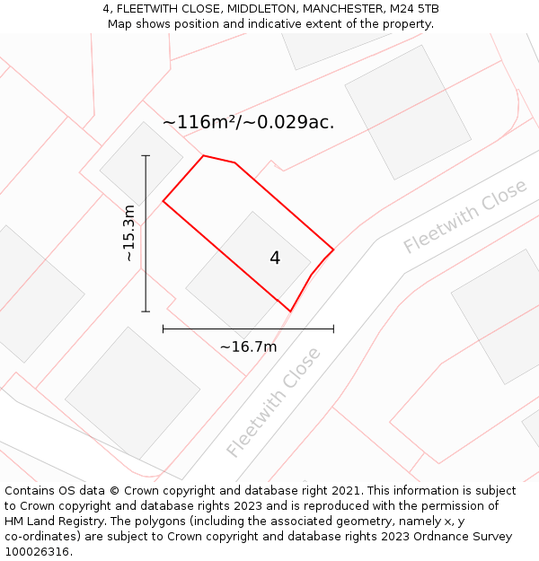 4, FLEETWITH CLOSE, MIDDLETON, MANCHESTER, M24 5TB: Plot and title map