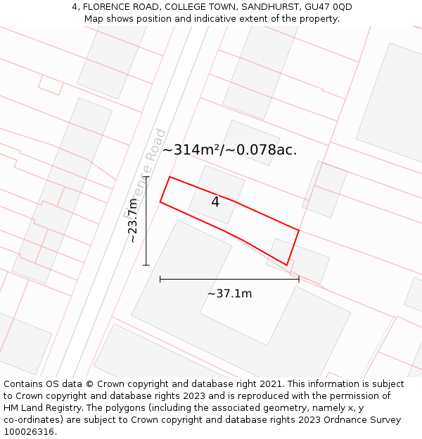 4, FLORENCE ROAD, COLLEGE TOWN, SANDHURST, GU47 0QD: Plot and title map