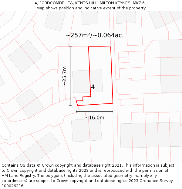 4, FORDCOMBE LEA, KENTS HILL, MILTON KEYNES, MK7 6JL: Plot and title map