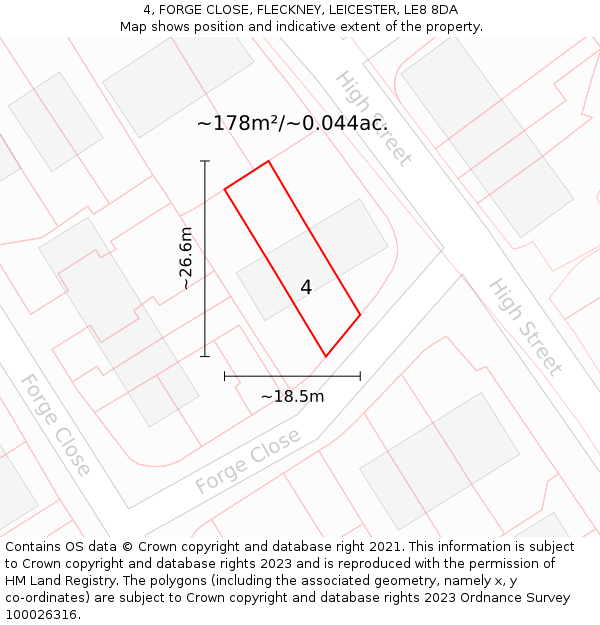 4, FORGE CLOSE, FLECKNEY, LEICESTER, LE8 8DA: Plot and title map