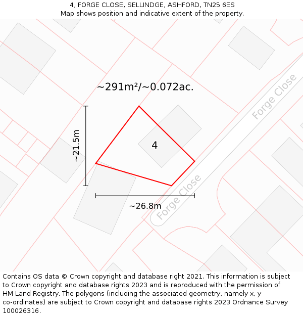 4, FORGE CLOSE, SELLINDGE, ASHFORD, TN25 6ES: Plot and title map