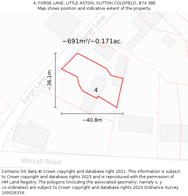 4, FORGE LANE, LITTLE ASTON, SUTTON COLDFIELD, B74 3BE: Plot and title map