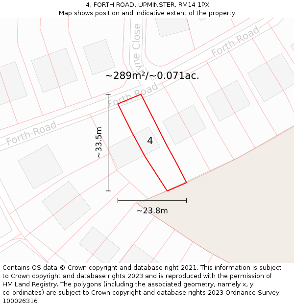 4, FORTH ROAD, UPMINSTER, RM14 1PX: Plot and title map
