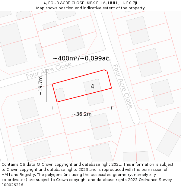 4, FOUR ACRE CLOSE, KIRK ELLA, HULL, HU10 7JL: Plot and title map