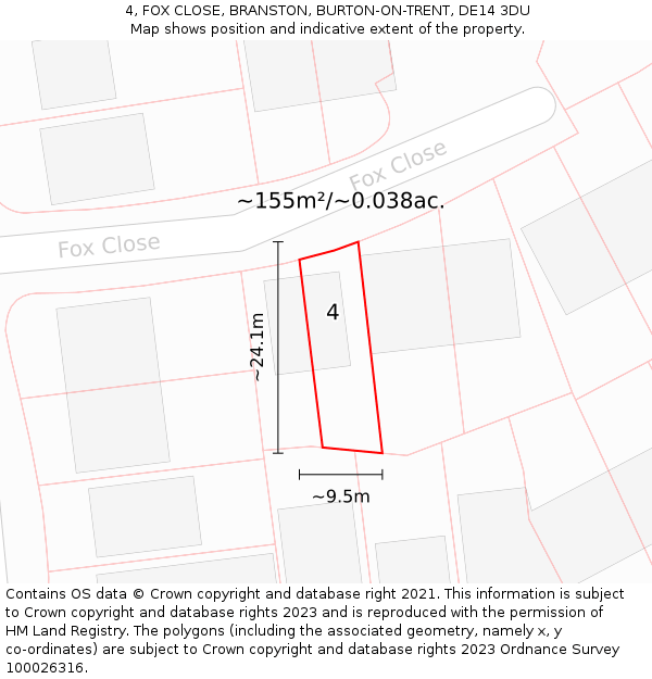 4, FOX CLOSE, BRANSTON, BURTON-ON-TRENT, DE14 3DU: Plot and title map