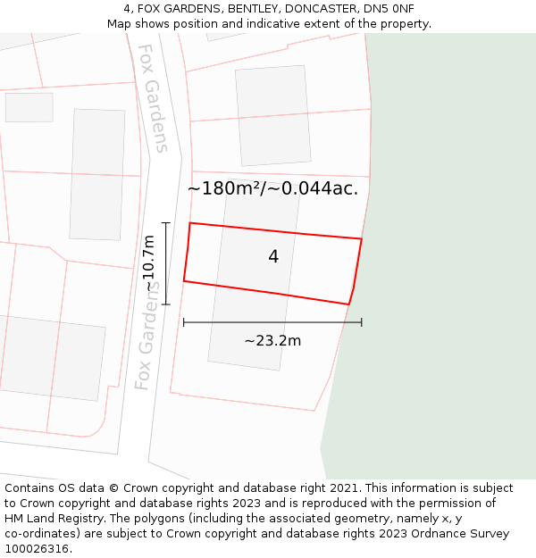 4, FOX GARDENS, BENTLEY, DONCASTER, DN5 0NF: Plot and title map