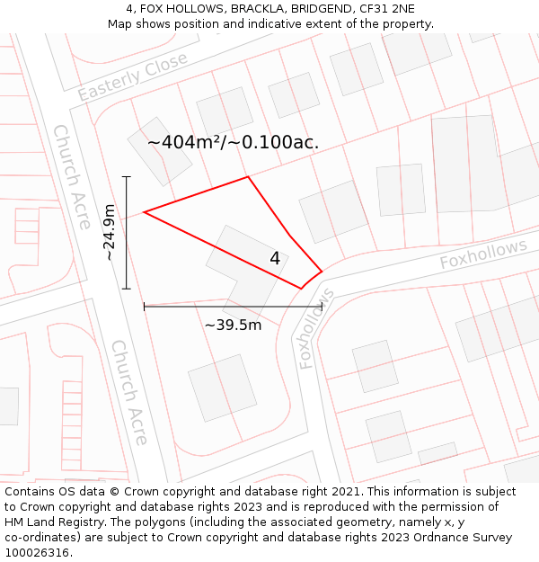 4, FOX HOLLOWS, BRACKLA, BRIDGEND, CF31 2NE: Plot and title map