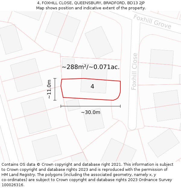 4, FOXHILL CLOSE, QUEENSBURY, BRADFORD, BD13 2JP: Plot and title map