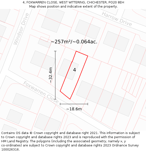 4, FOXWARREN CLOSE, WEST WITTERING, CHICHESTER, PO20 8EH: Plot and title map