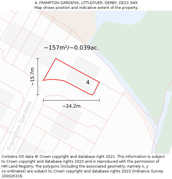 4, FRAMPTON GARDENS, LITTLEOVER, DERBY, DE23 3WX: Plot and title map