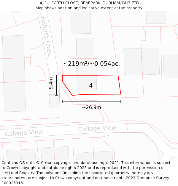 4, FULFORTH CLOSE, BEARPARK, DURHAM, DH7 7TD: Plot and title map