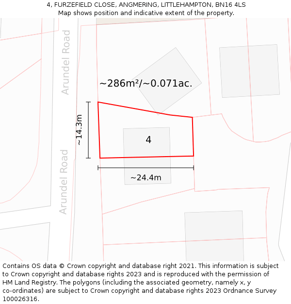 4, FURZEFIELD CLOSE, ANGMERING, LITTLEHAMPTON, BN16 4LS: Plot and title map