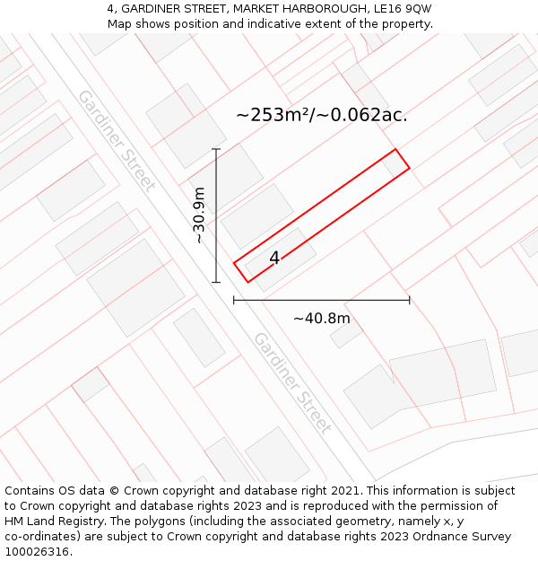 4, GARDINER STREET, MARKET HARBOROUGH, LE16 9QW: Plot and title map