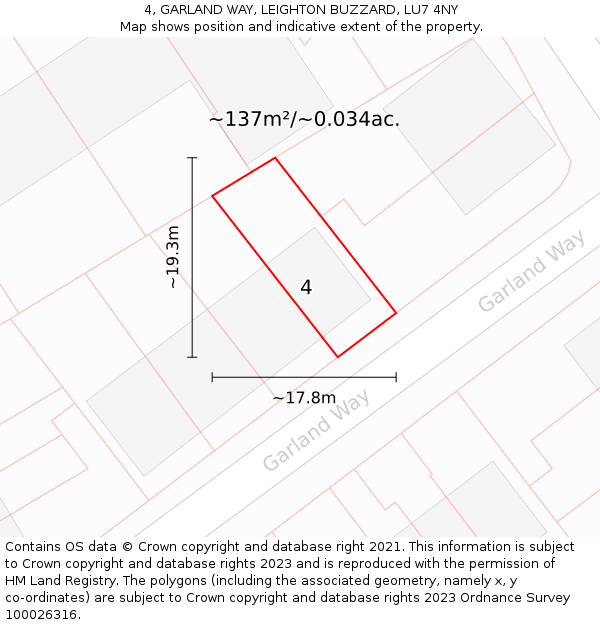 4, GARLAND WAY, LEIGHTON BUZZARD, LU7 4NY: Plot and title map