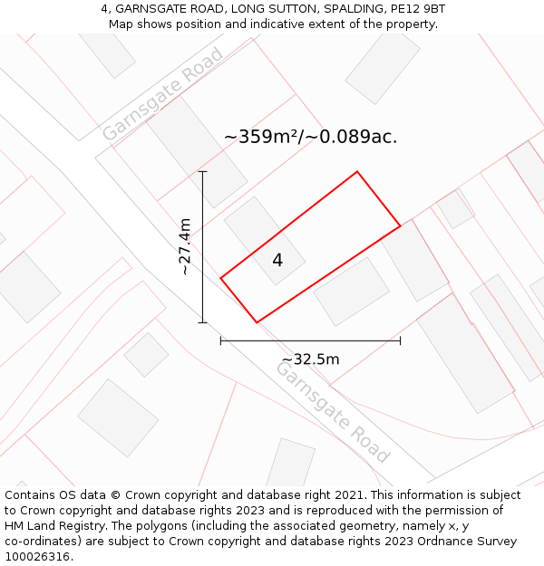 4, GARNSGATE ROAD, LONG SUTTON, SPALDING, PE12 9BT: Plot and title map