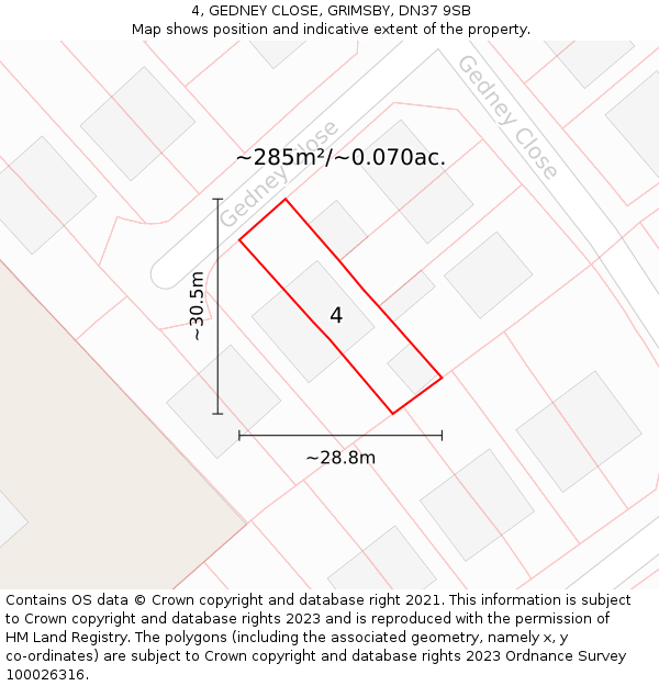 4, GEDNEY CLOSE, GRIMSBY, DN37 9SB: Plot and title map