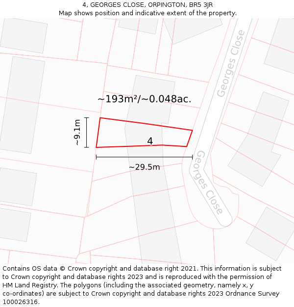 4, GEORGES CLOSE, ORPINGTON, BR5 3JR: Plot and title map