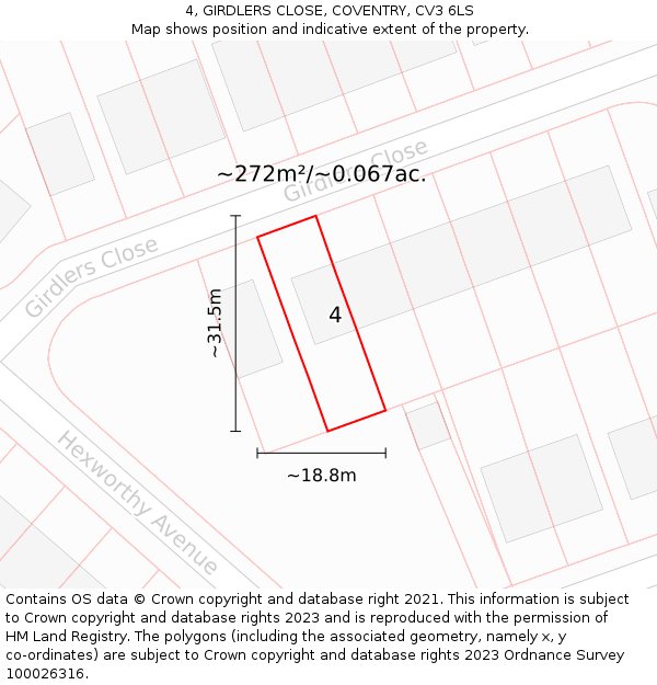 4, GIRDLERS CLOSE, COVENTRY, CV3 6LS: Plot and title map