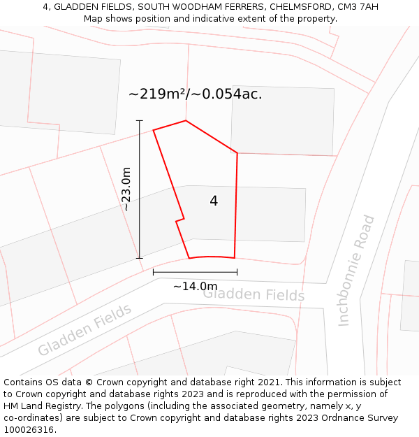 4, GLADDEN FIELDS, SOUTH WOODHAM FERRERS, CHELMSFORD, CM3 7AH: Plot and title map
