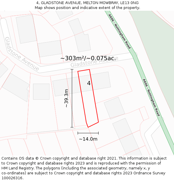 4, GLADSTONE AVENUE, MELTON MOWBRAY, LE13 0NG: Plot and title map