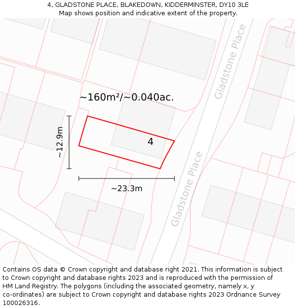 4, GLADSTONE PLACE, BLAKEDOWN, KIDDERMINSTER, DY10 3LE: Plot and title map