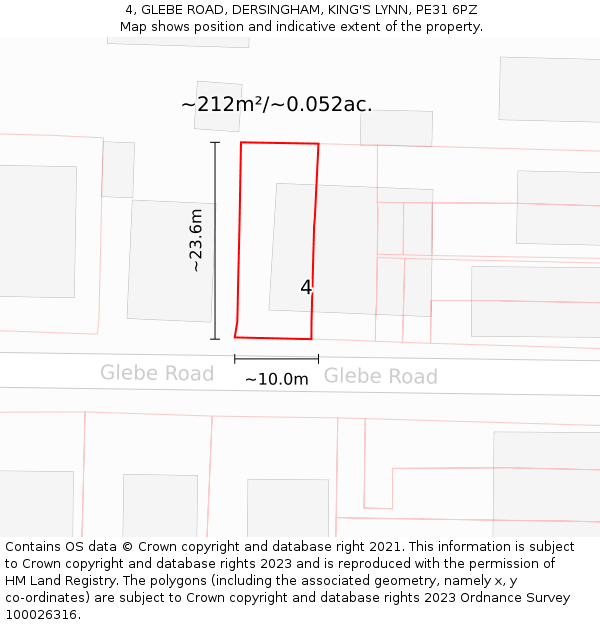 4, GLEBE ROAD, DERSINGHAM, KING'S LYNN, PE31 6PZ: Plot and title map