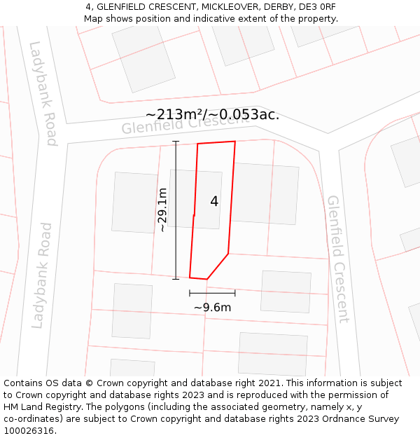 4, GLENFIELD CRESCENT, MICKLEOVER, DERBY, DE3 0RF: Plot and title map