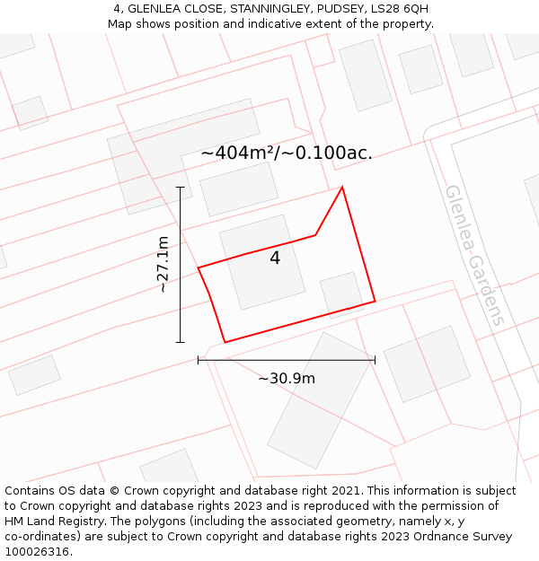 4, GLENLEA CLOSE, STANNINGLEY, PUDSEY, LS28 6QH: Plot and title map