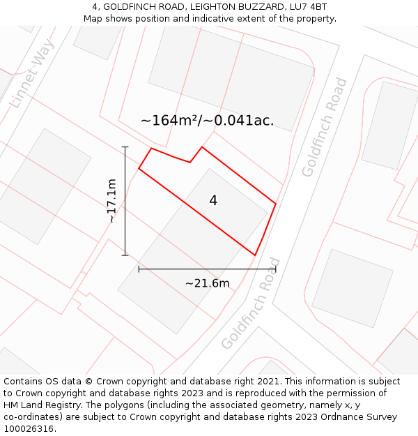 4, GOLDFINCH ROAD, LEIGHTON BUZZARD, LU7 4BT: Plot and title map