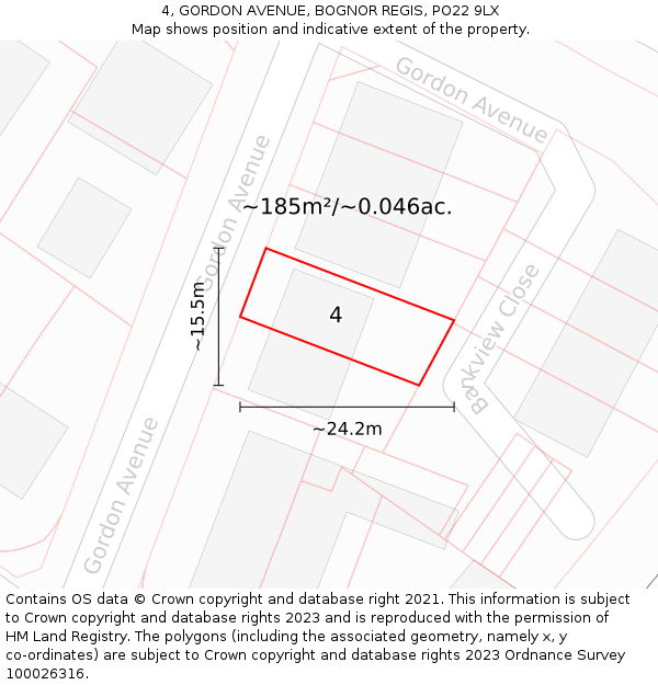 4, GORDON AVENUE, BOGNOR REGIS, PO22 9LX: Plot and title map
