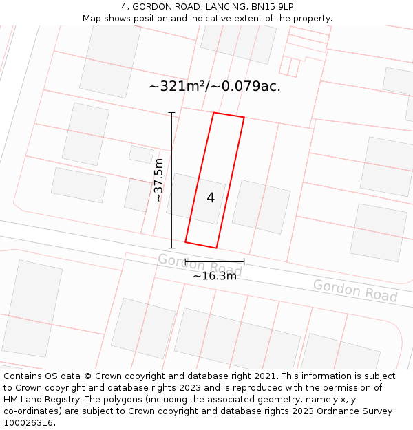 4, GORDON ROAD, LANCING, BN15 9LP: Plot and title map