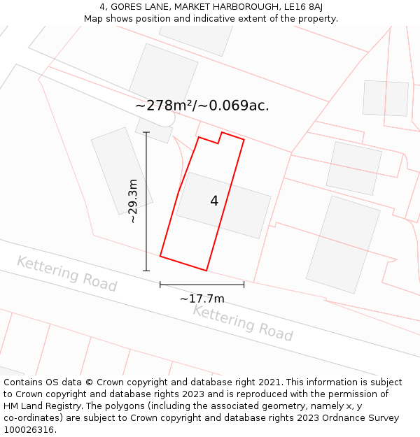 4, GORES LANE, MARKET HARBOROUGH, LE16 8AJ: Plot and title map