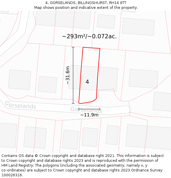 4, GORSELANDS, BILLINGSHURST, RH14 9TT: Plot and title map