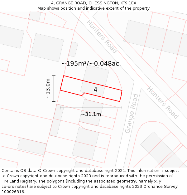 4, GRANGE ROAD, CHESSINGTON, KT9 1EX: Plot and title map