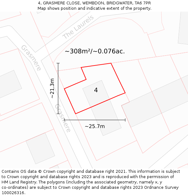 4, GRASMERE CLOSE, WEMBDON, BRIDGWATER, TA6 7PR: Plot and title map