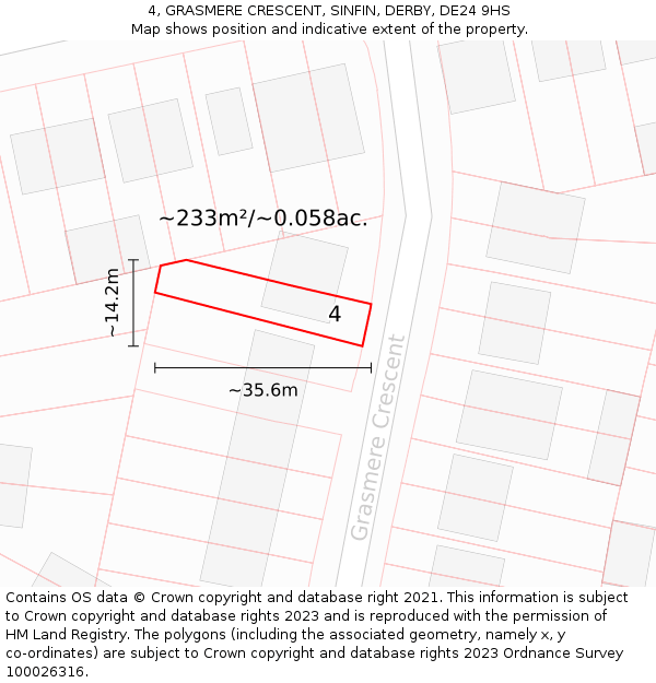 4, GRASMERE CRESCENT, SINFIN, DERBY, DE24 9HS: Plot and title map