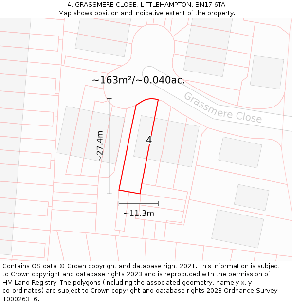 4, GRASSMERE CLOSE, LITTLEHAMPTON, BN17 6TA: Plot and title map