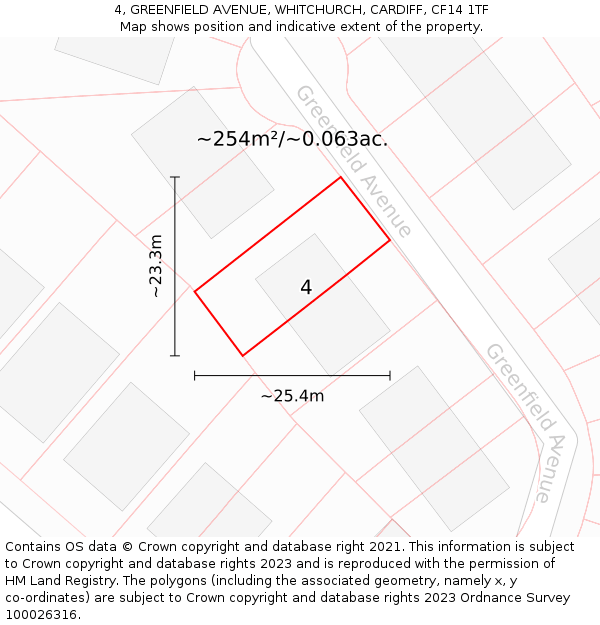 4, GREENFIELD AVENUE, WHITCHURCH, CARDIFF, CF14 1TF: Plot and title map