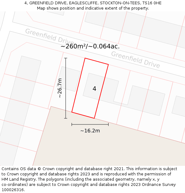 4, GREENFIELD DRIVE, EAGLESCLIFFE, STOCKTON-ON-TEES, TS16 0HE: Plot and title map