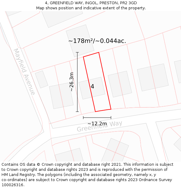 4, GREENFIELD WAY, INGOL, PRESTON, PR2 3GD: Plot and title map