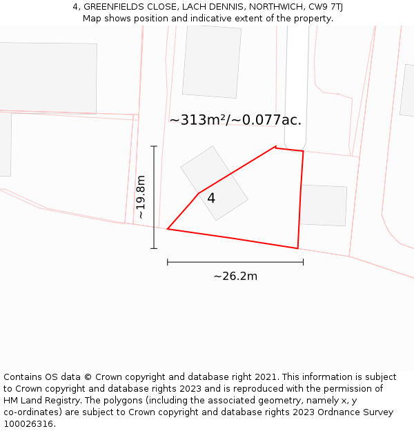 4, GREENFIELDS CLOSE, LACH DENNIS, NORTHWICH, CW9 7TJ: Plot and title map