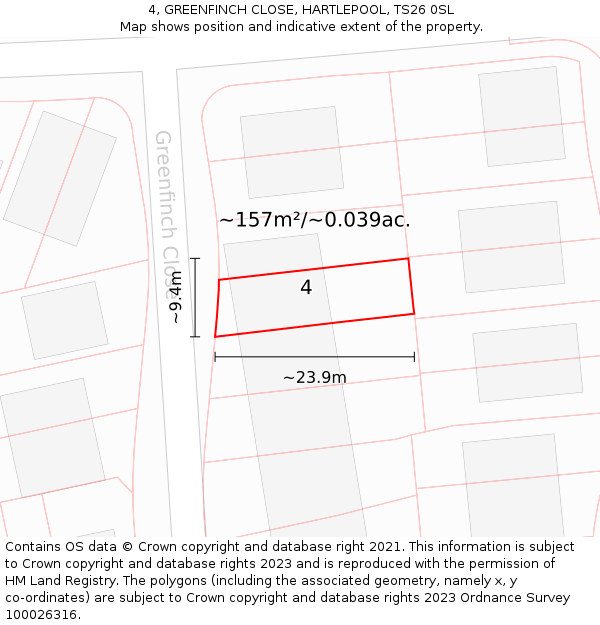 4, GREENFINCH CLOSE, HARTLEPOOL, TS26 0SL: Plot and title map