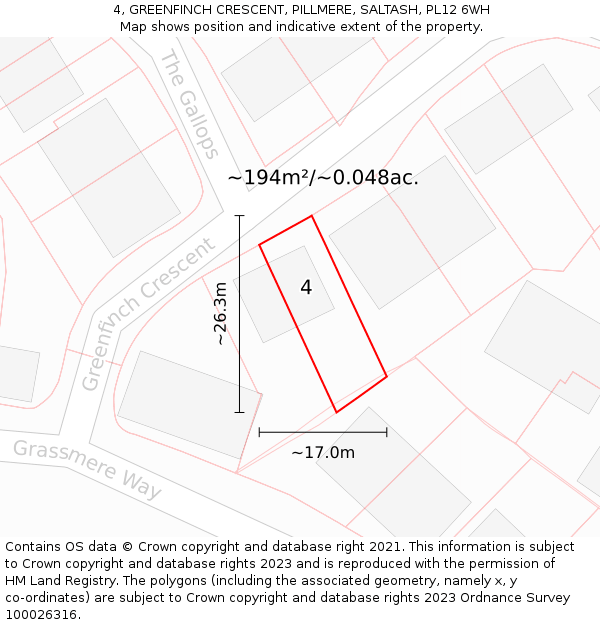 4, GREENFINCH CRESCENT, PILLMERE, SALTASH, PL12 6WH: Plot and title map