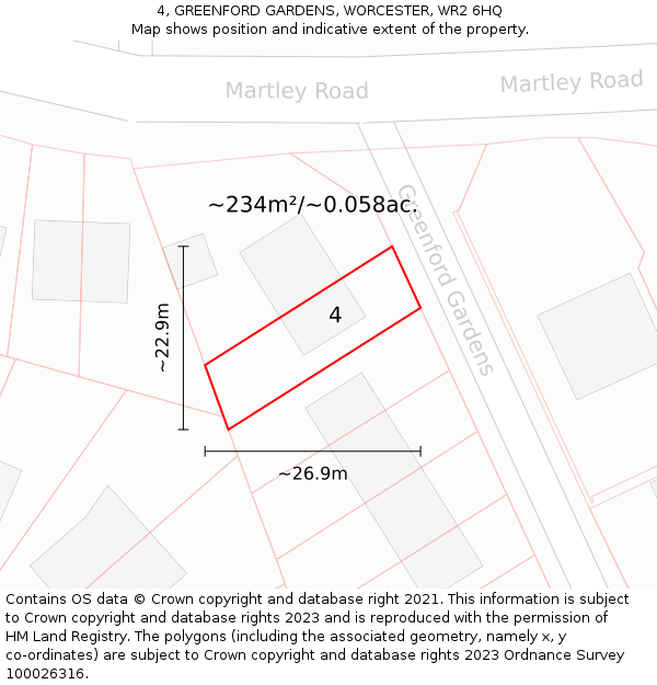 4, GREENFORD GARDENS, WORCESTER, WR2 6HQ: Plot and title map