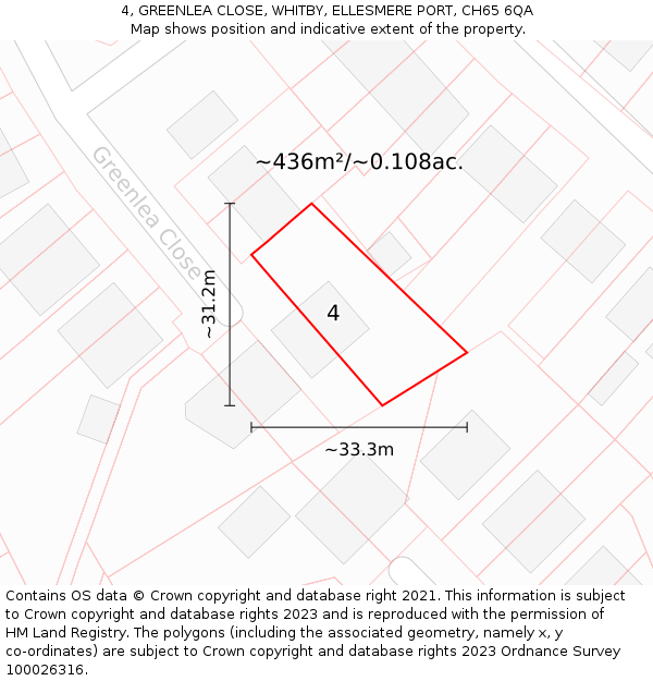 4, GREENLEA CLOSE, WHITBY, ELLESMERE PORT, CH65 6QA: Plot and title map