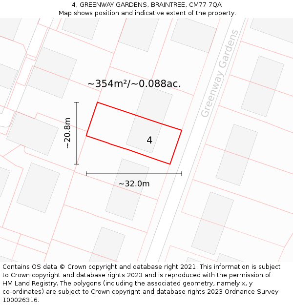 4, GREENWAY GARDENS, BRAINTREE, CM77 7QA: Plot and title map
