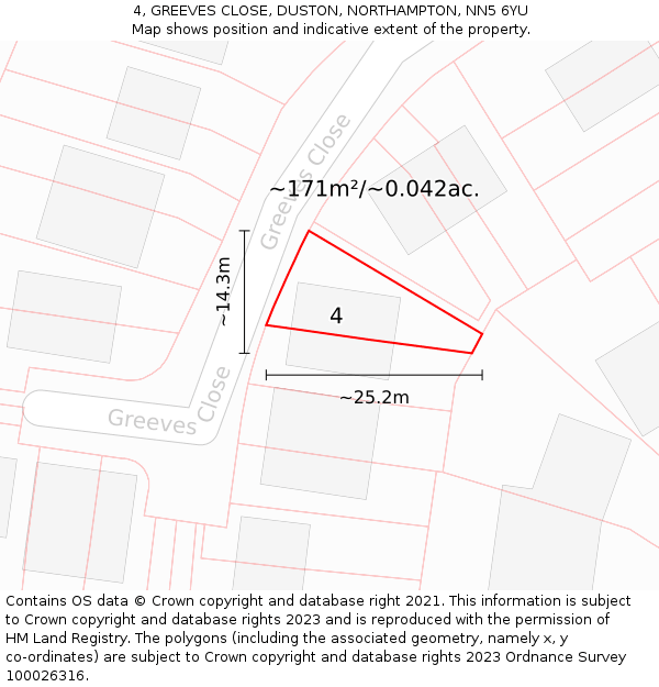4, GREEVES CLOSE, DUSTON, NORTHAMPTON, NN5 6YU: Plot and title map