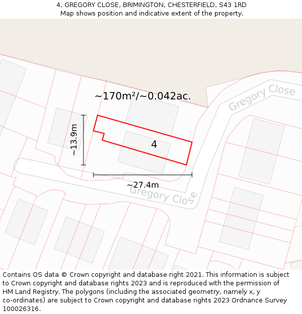 4, GREGORY CLOSE, BRIMINGTON, CHESTERFIELD, S43 1RD: Plot and title map