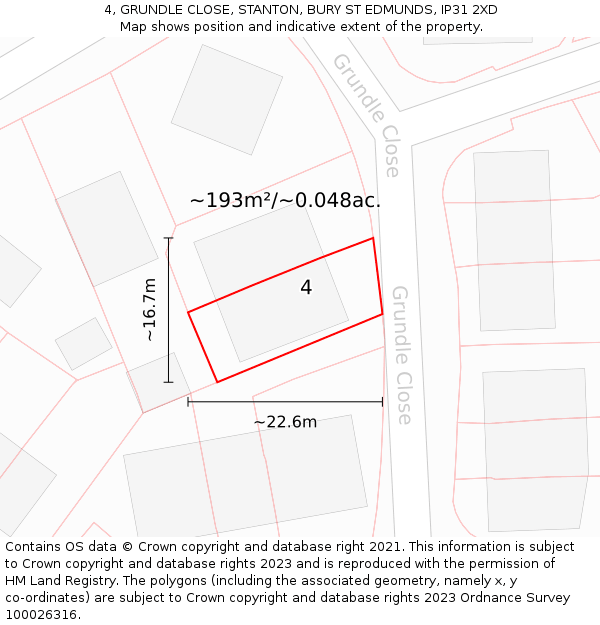 4, GRUNDLE CLOSE, STANTON, BURY ST EDMUNDS, IP31 2XD: Plot and title map